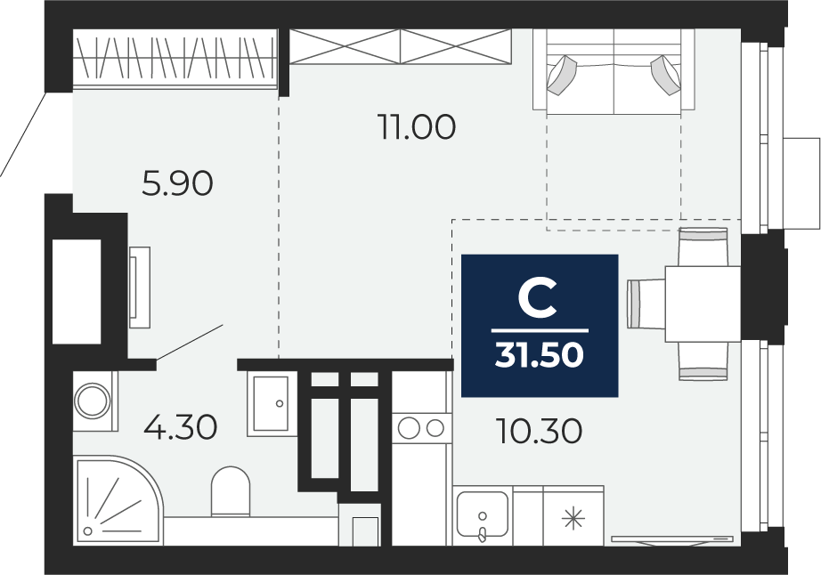 Квартира № 278, Студия, 31.5 кв. м, 22 этаж