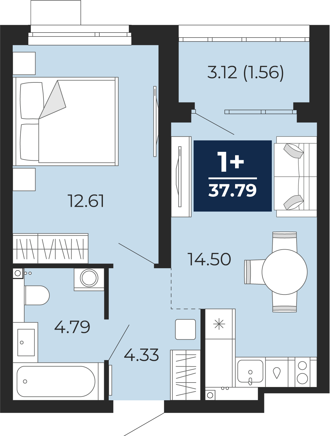 Квартира № 122, 1-комнатная, 37.79 кв. м, 2 этаж