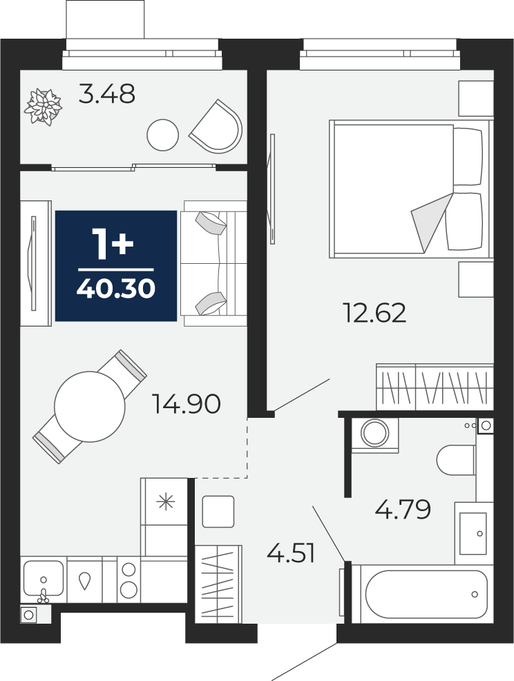 Квартира № 121, 1-комнатная, 40.3 кв. м, 2 этаж