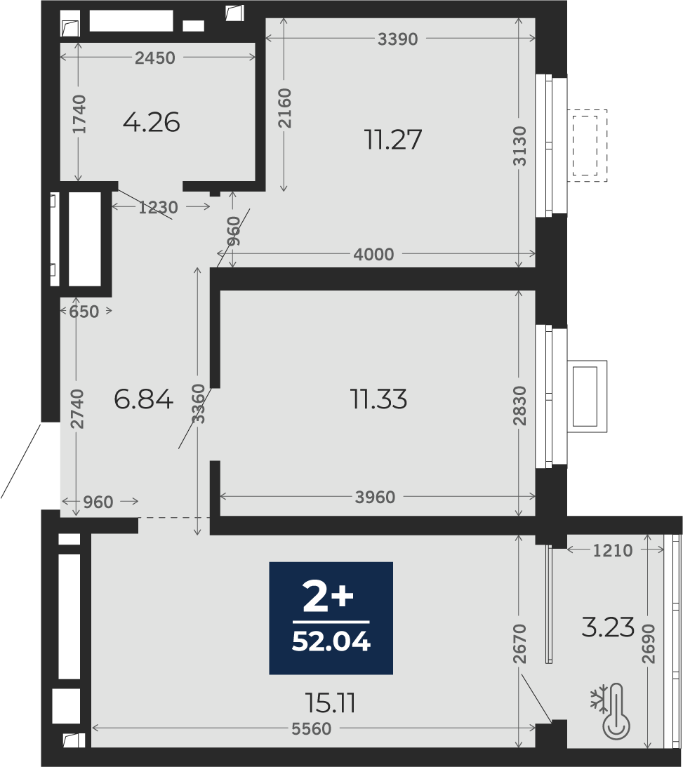Квартира № 282, 2-комнатная, 52.04 кв. м, 17 этаж