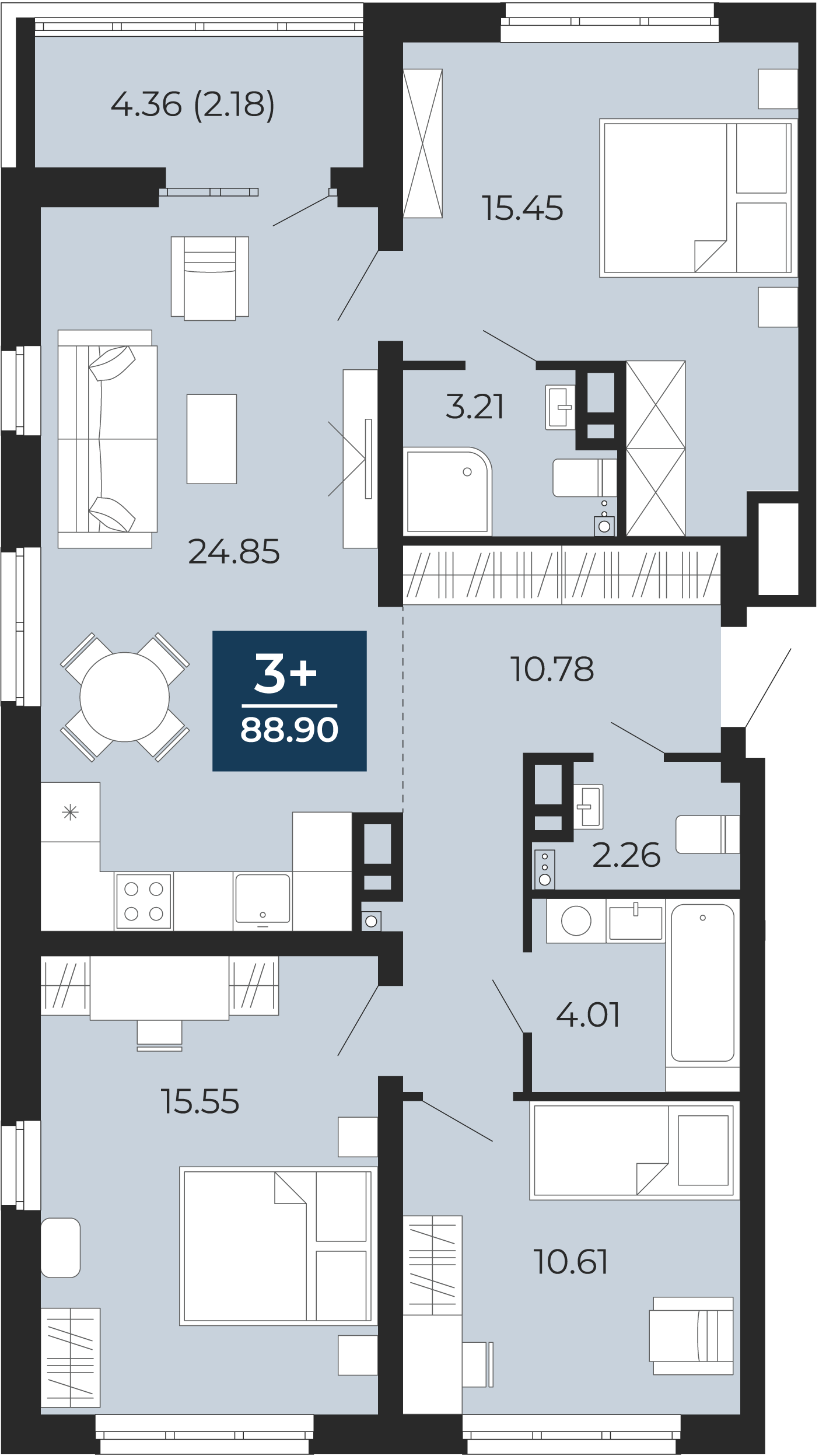 Квартира № 18, 3-комнатная, 88.9 кв. м, 4 этаж