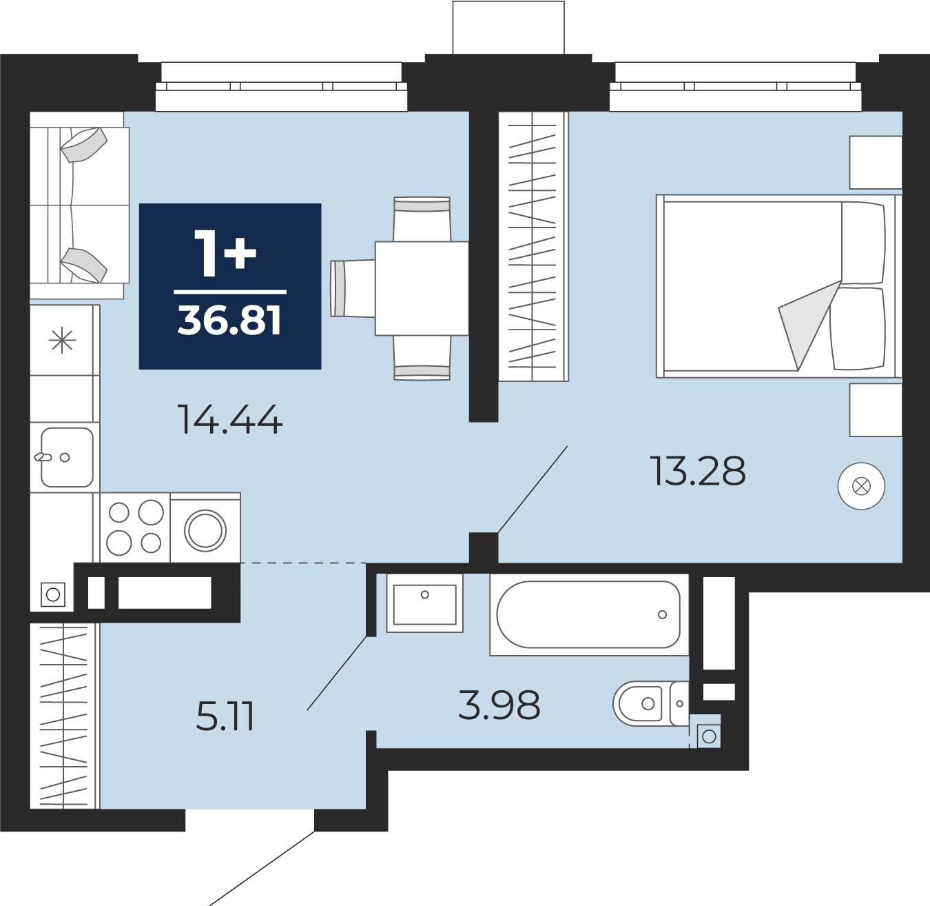 Квартира № 292, 1-комнатная, 36.81 кв. м, 2 этаж