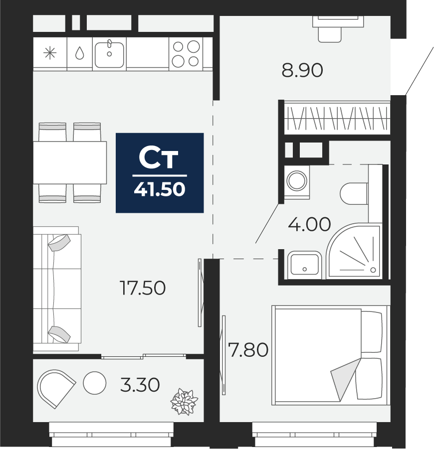Квартира № 352, Студия, 41.5 кв. м, 18 этаж