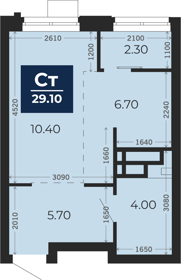 Квартира № 128, Студия, 29.1 кв. м, 6 этаж