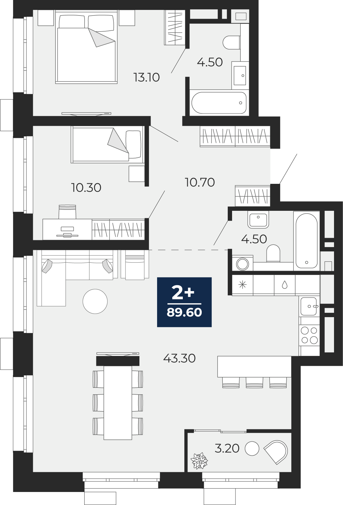 Квартира № 104, 2-комнатная, 89.6 кв. м, 3 этаж