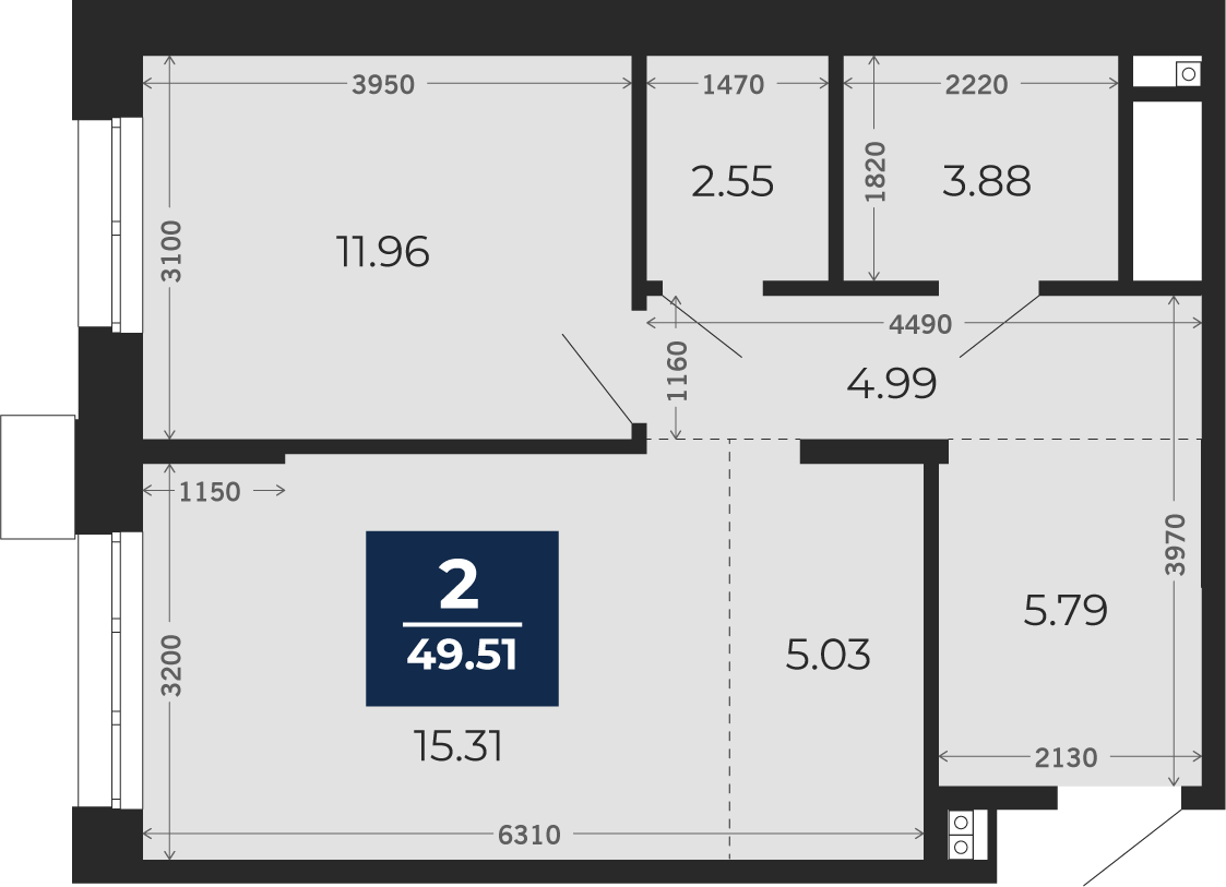 Квартира № 67, 2-комнатная, 49.51 кв. м, 1 этаж