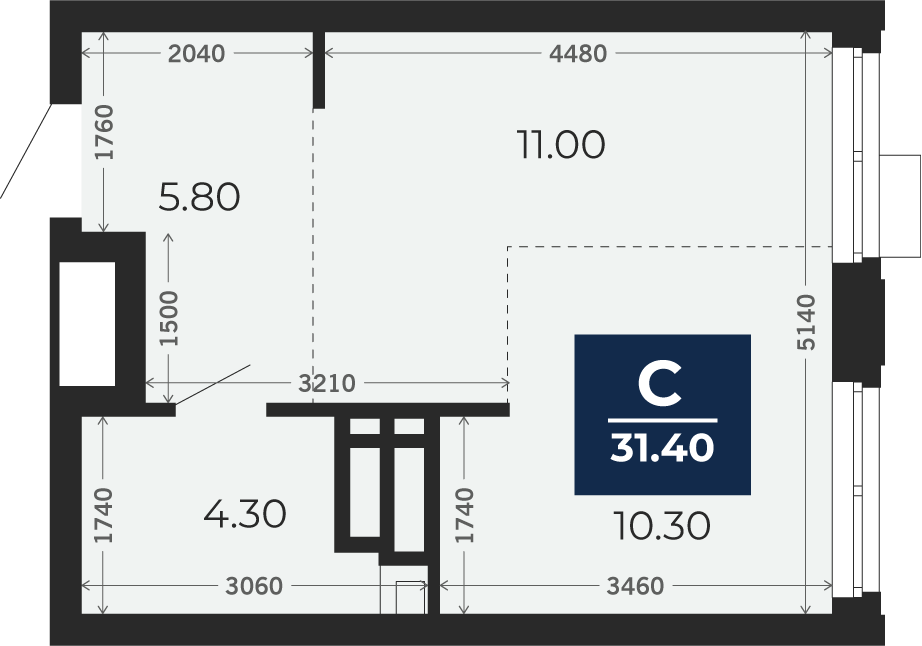 Квартира № 222, Студия, 31.4 кв. м, 14 этаж