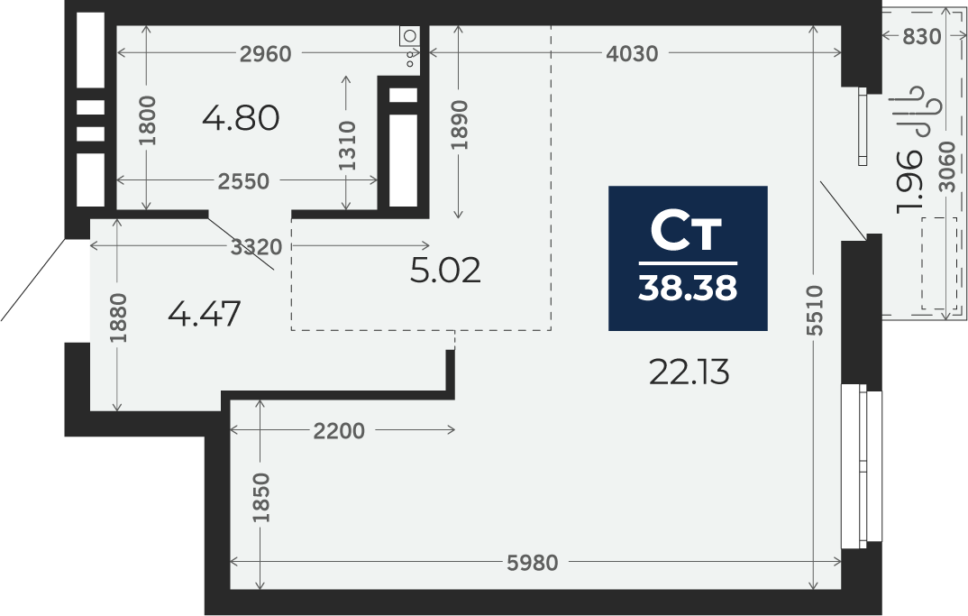Квартира № 168, Студия, 38.38 кв. м, 23 этаж