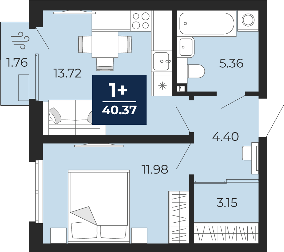 Квартира № 166, 1-комнатная, 40.37 кв. м, 2 этаж