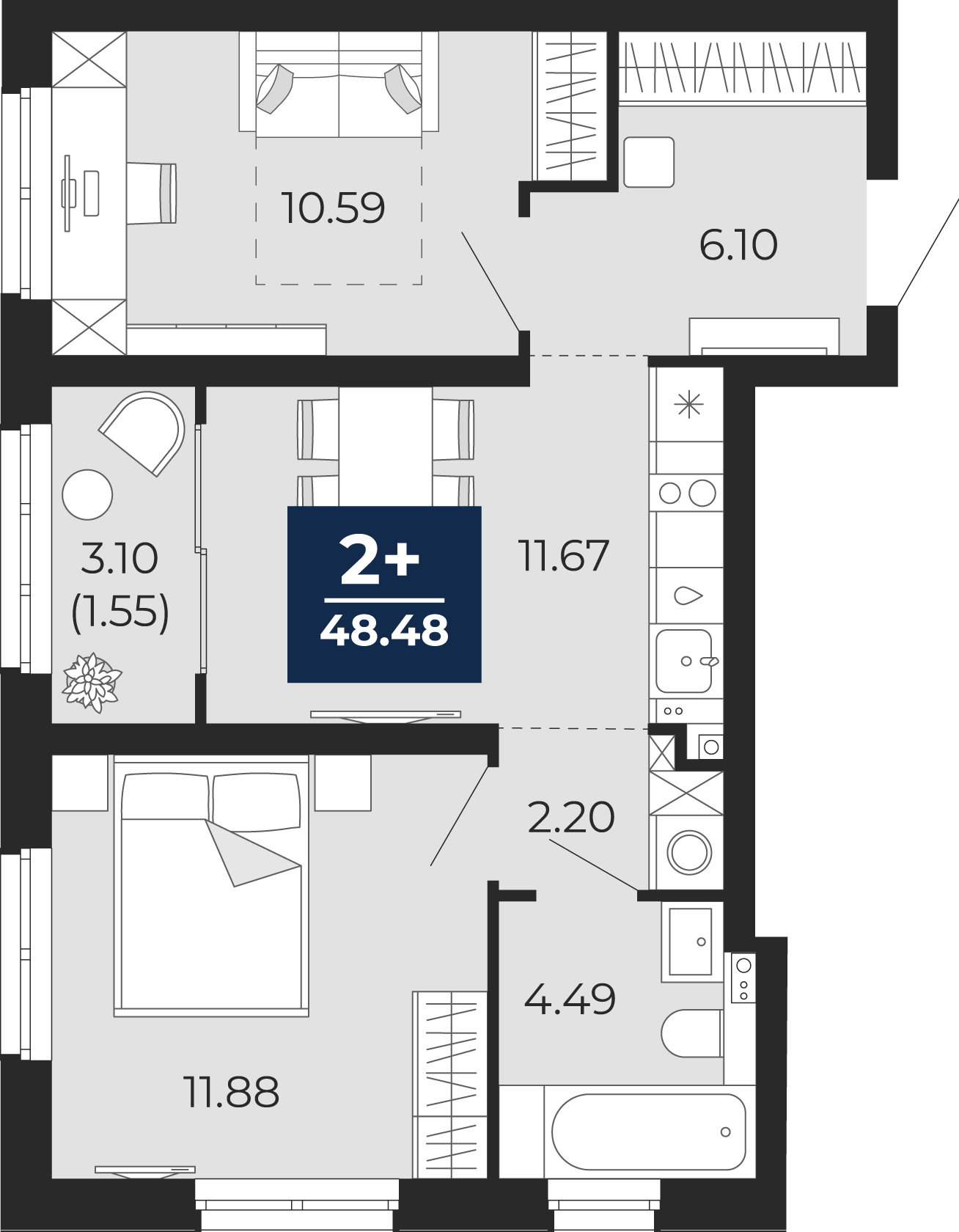 Квартира № 88, 2-комнатная, 48.48 кв. м, 9 этаж