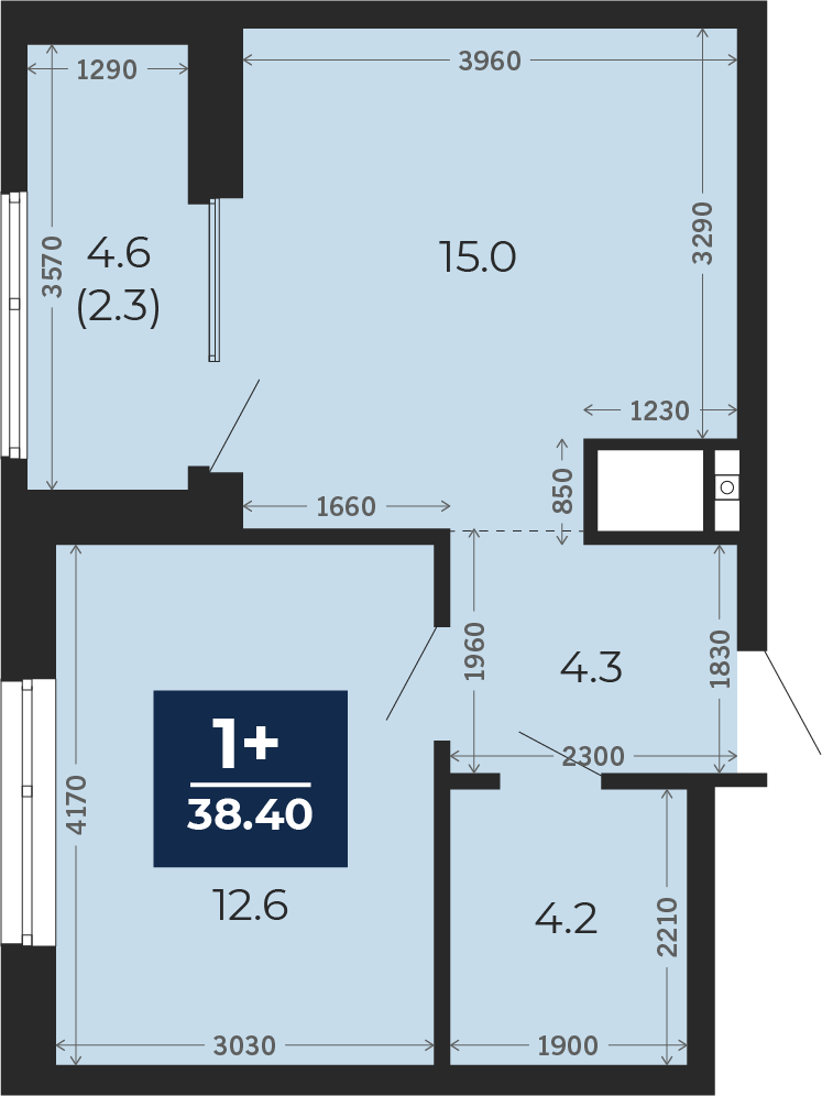 Квартира № 175, 1-комнатная, 38.4 кв. м, 23 этаж