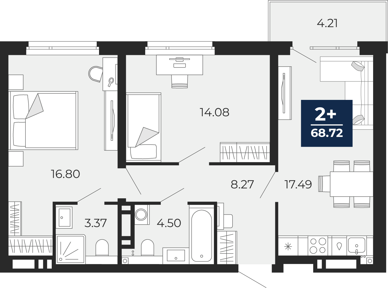 Планировка: Евротрешка 68.7 м² в ЖК Прео, Тюменская слобода