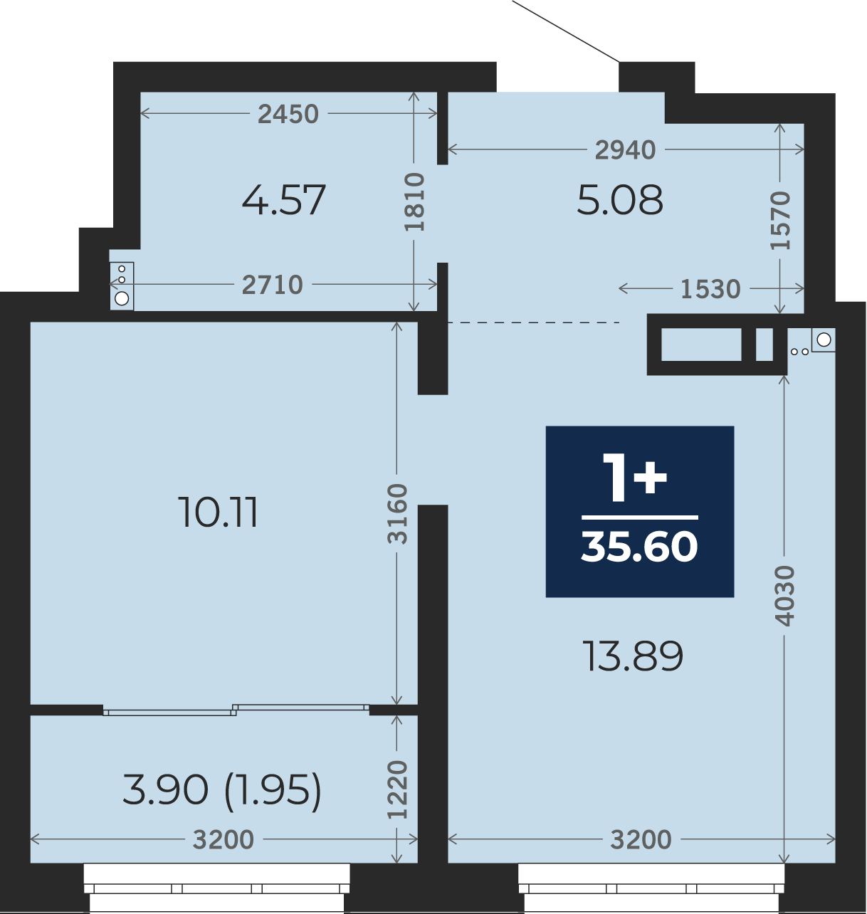 Квартира № 426, 1-комнатная, 35.6 кв. м, 12 этаж