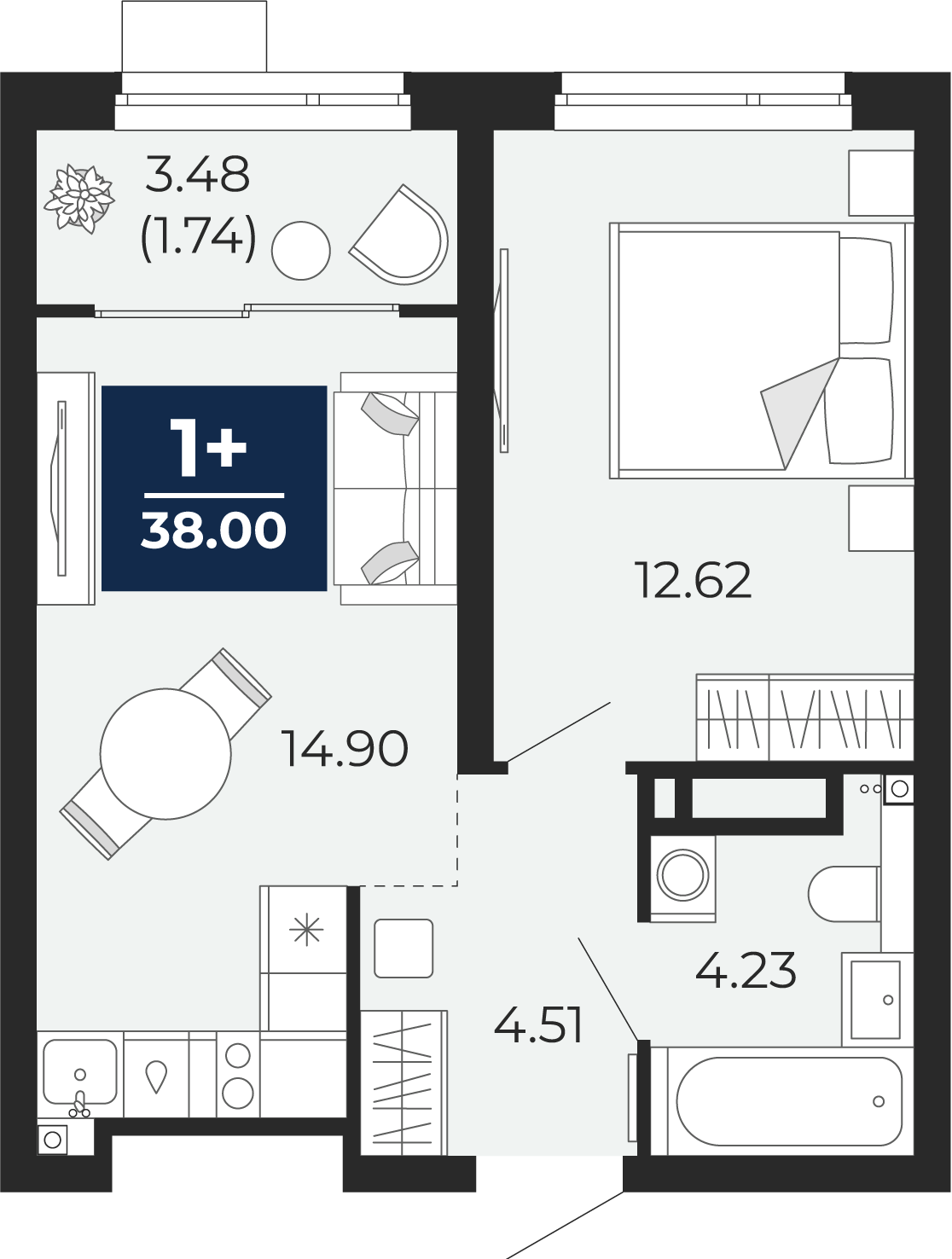 Квартира № 231, 1-комнатная, 38 кв. м, 13 этаж