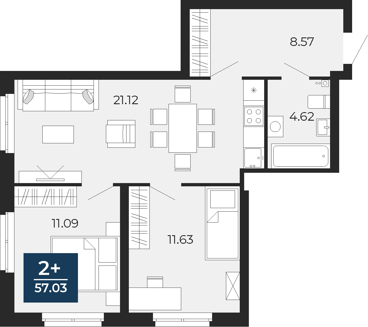 Квартира № 266, 2-комнатная, 57.03 кв. м, 20 этаж