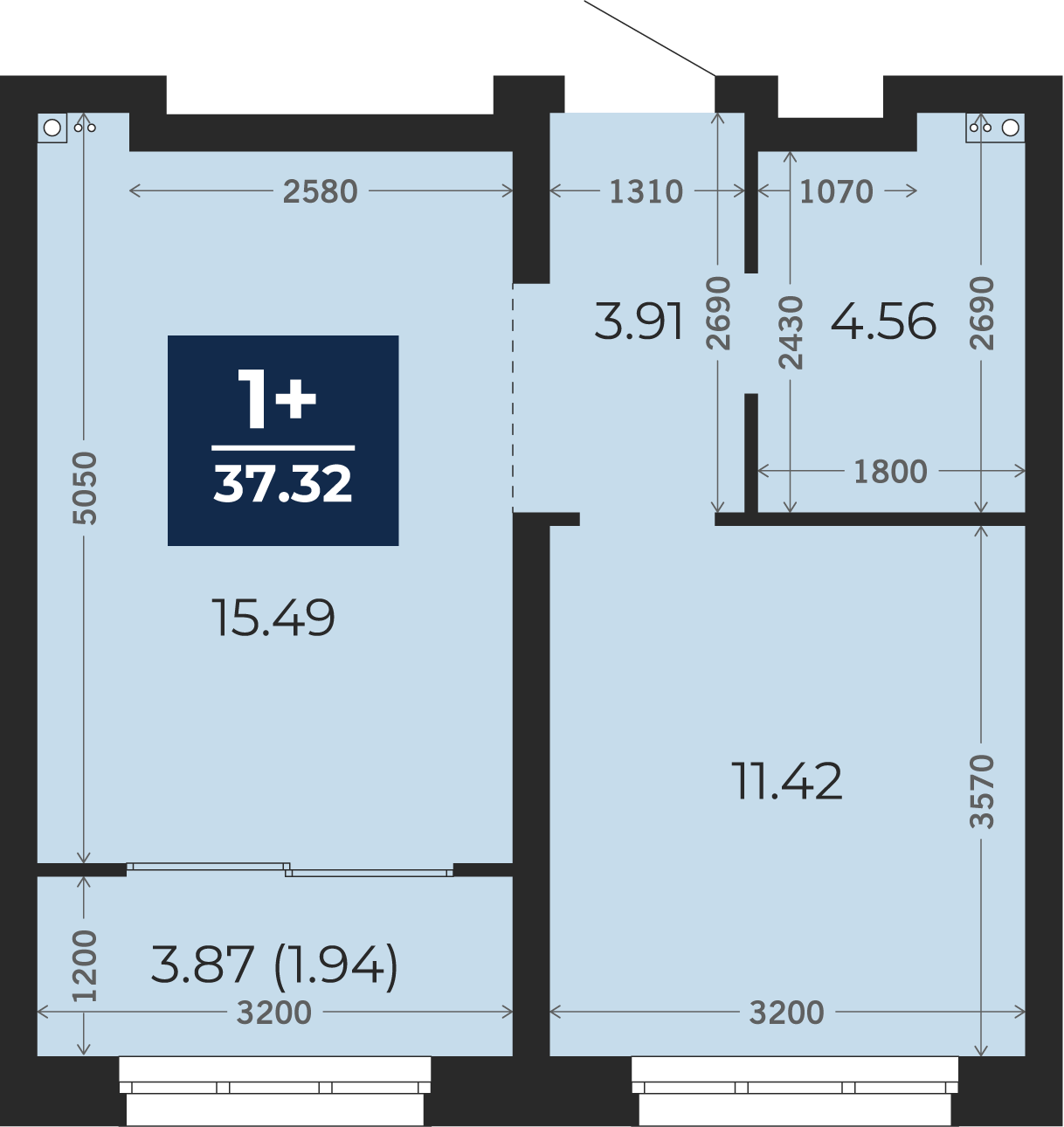 Квартира № 37, 1-комнатная, 37.32 кв. м, 2 этаж