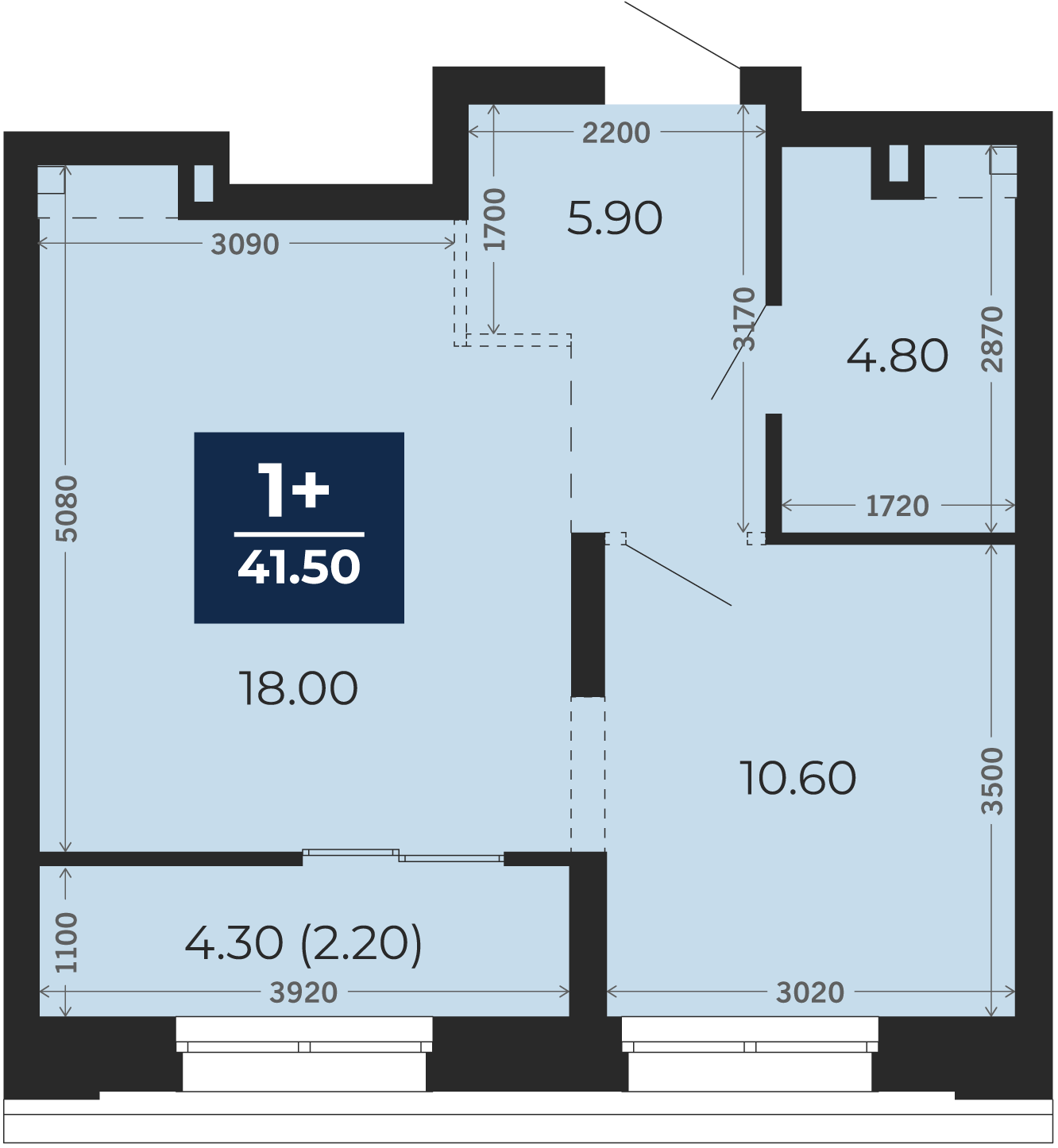 Квартира № 359, 1-комнатная, 41.5 кв. м, 2 этаж