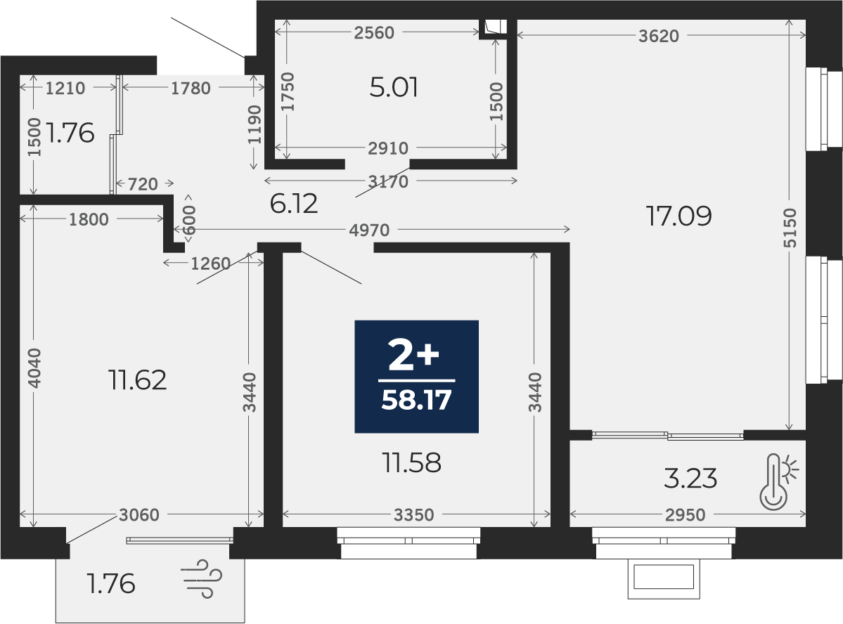 Квартира № 442, 2-комнатная, 58.17 кв. м, 2 этаж