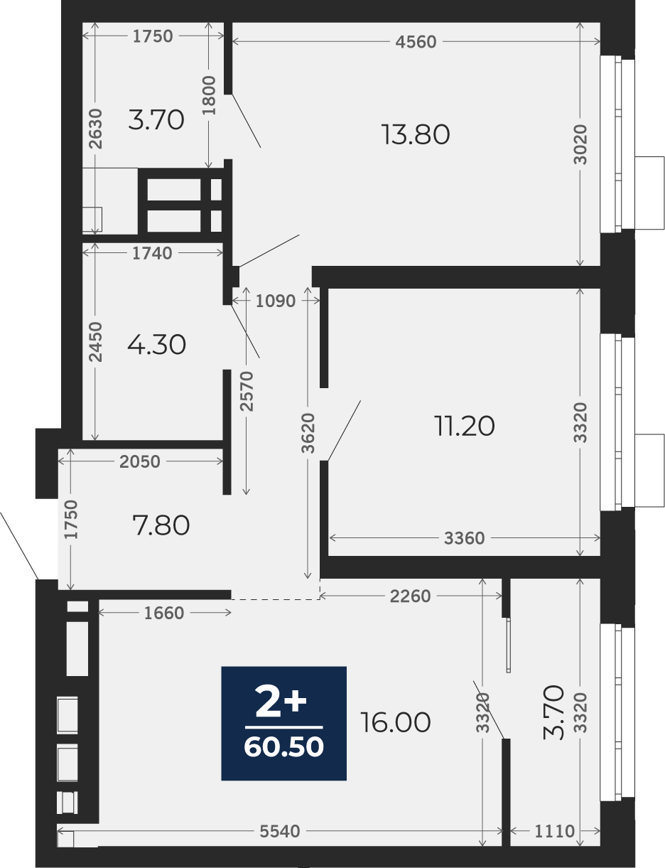 Квартира № 370, 2-комнатная, 60.5 кв. м, 14 этаж