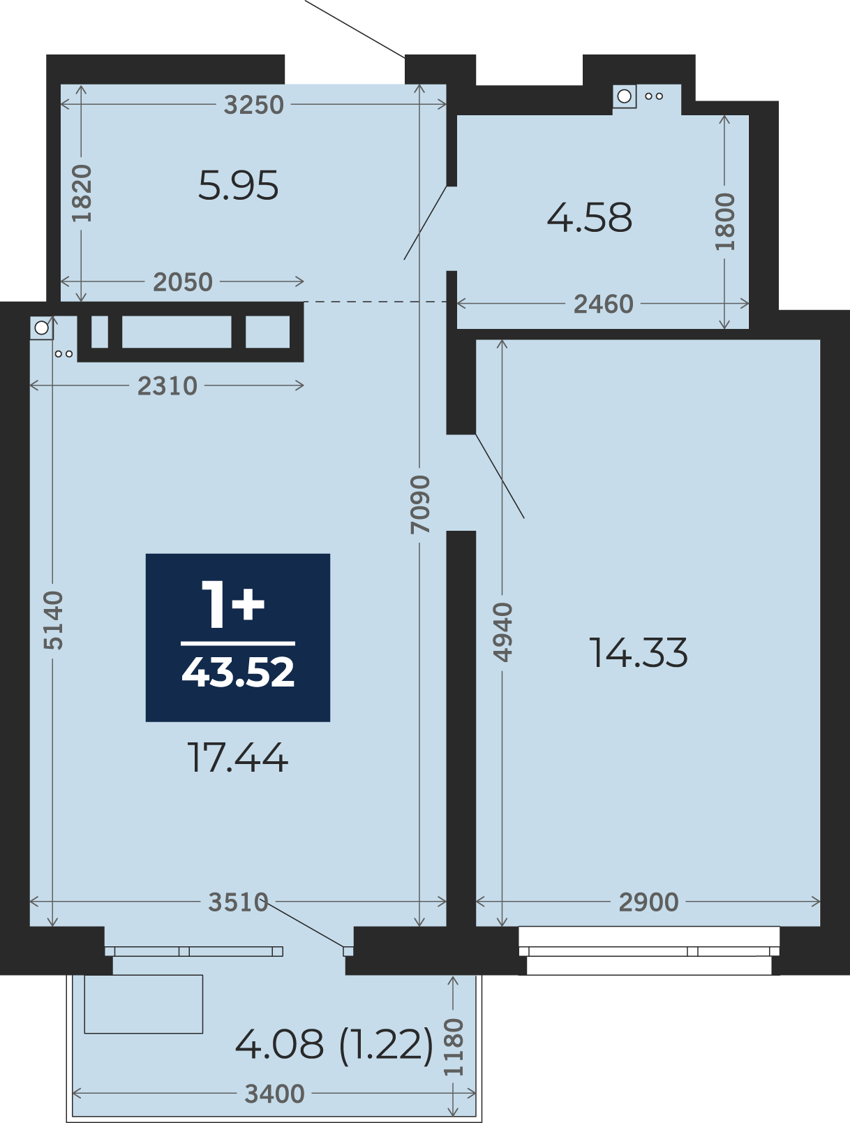 Квартира № 232, 1-комнатная, 43.52 кв. м, 19 этаж