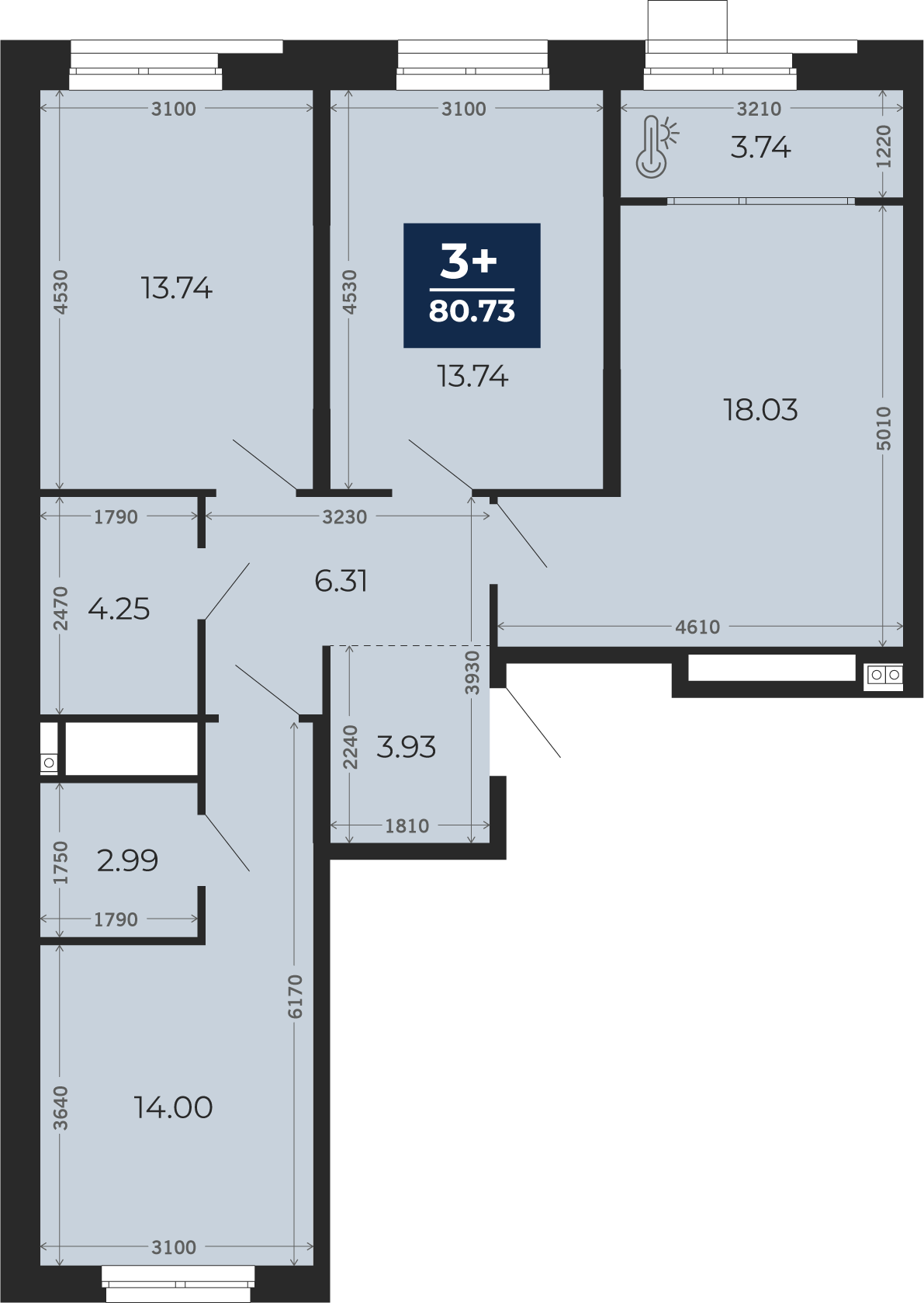 Квартира № 89, 3-комнатная, 80.73 кв. м, 6 этаж