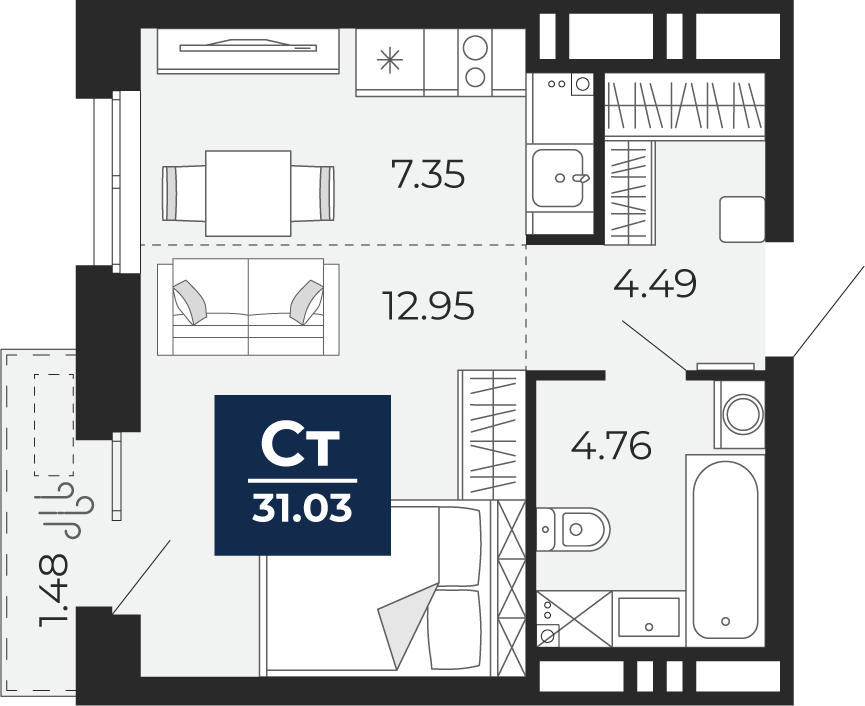 Квартира № 20, Студия, 31.03 кв. м, 4 этаж