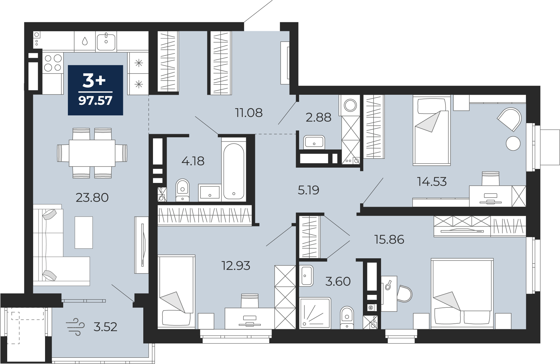 Планировка: 4-комнатная евро 97.9 м² в ЖК Мириады, Мыс