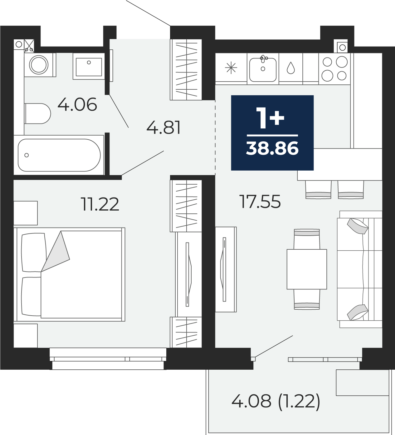 Квартира № 3, 1-комнатная, 38.86 кв. м, 2 этаж