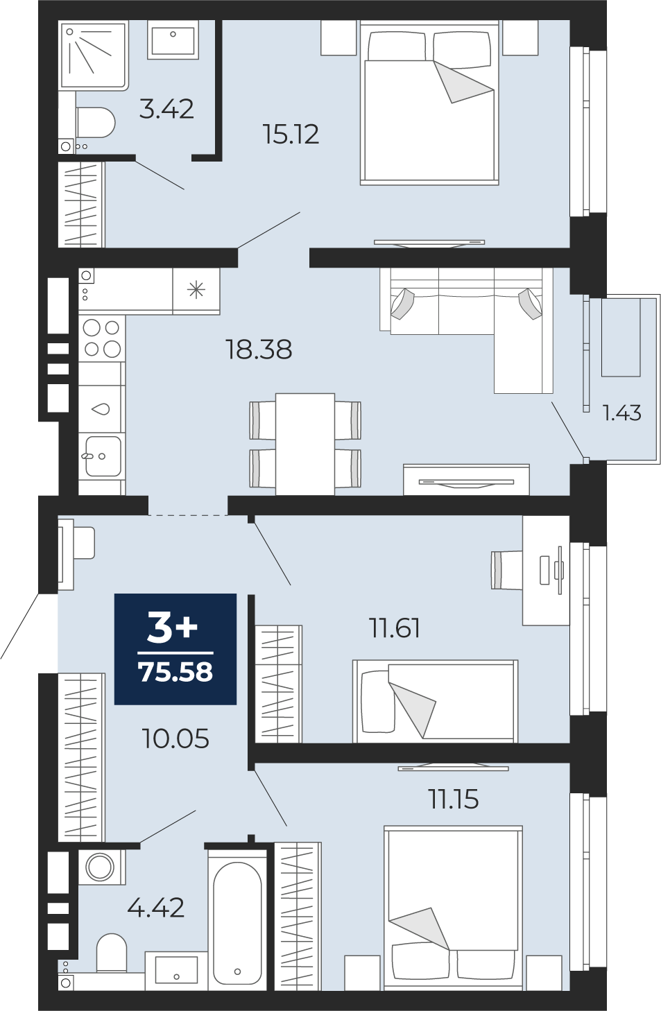 Квартира № 391, 3-комнатная, 75.58 кв. м, 14 этаж