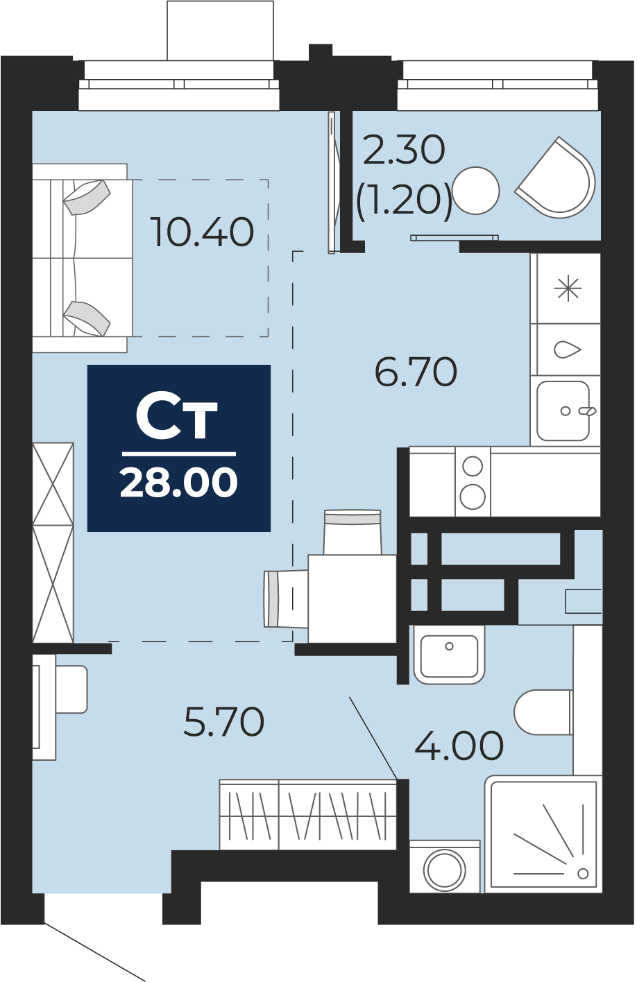 Квартира № 163, Студия, 28 кв. м, 11 этаж