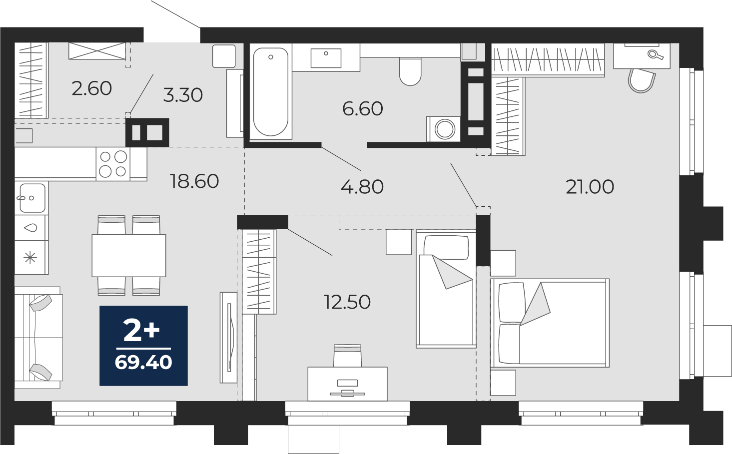 Планировка: Евротрешка 68.5 м² в ЖК Айвазовский, 5-й Заречный