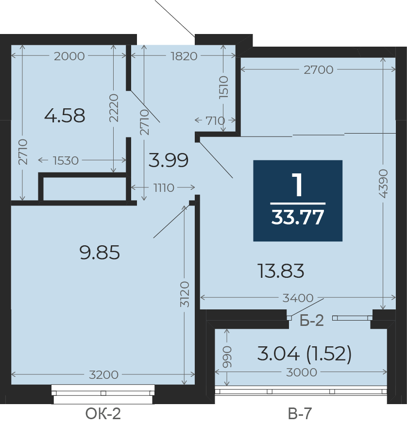 Квартира № 86, 1-комнатная, 33.77 кв. м, 13 этаж