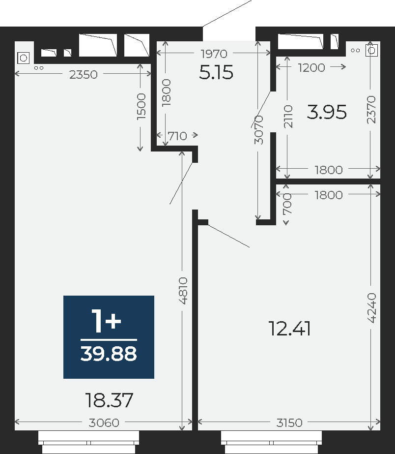 Квартира № 292, 1-комнатная, 39.88 кв. м, 22 этаж