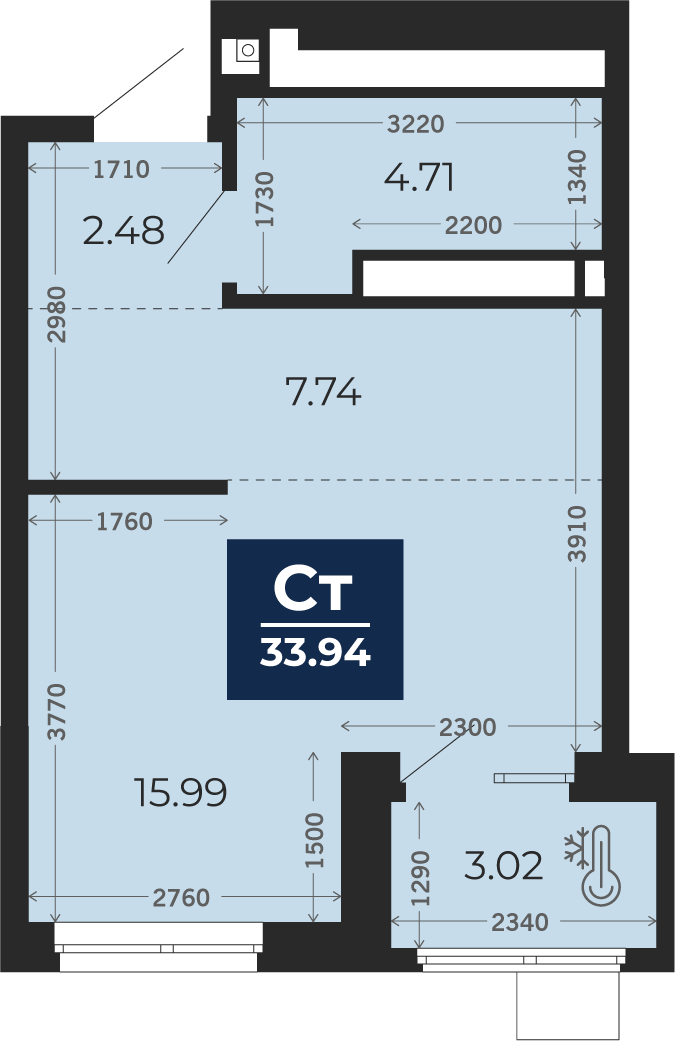 Квартира № 117, Студия, 33.94 кв. м, 16 этаж