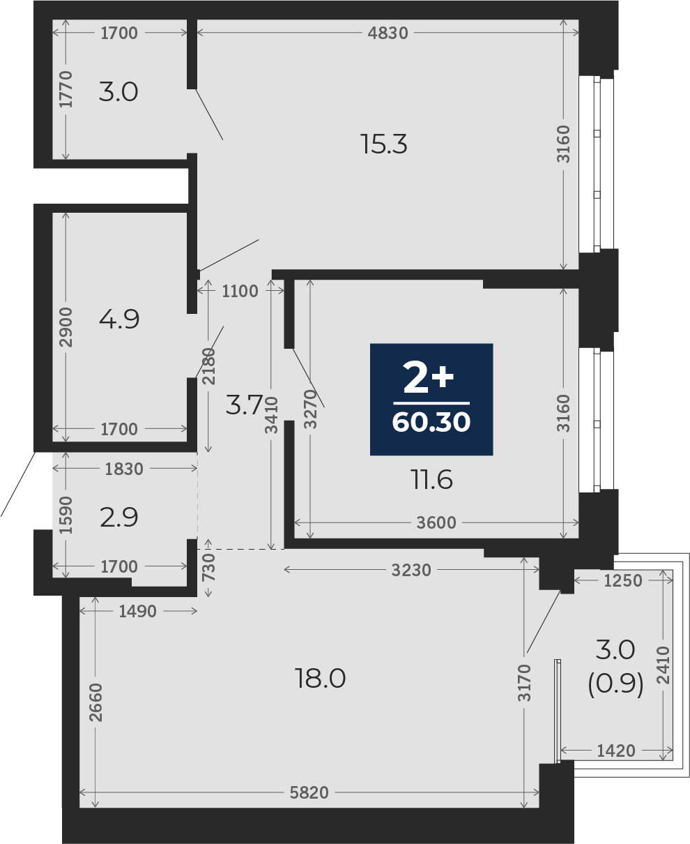 Квартира № 212, 2-комнатная, 62.4 кв. м, 13 этаж