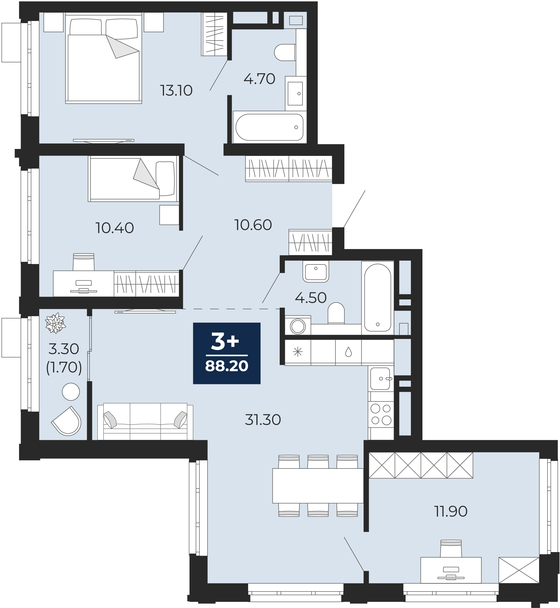 Квартира № 230, 3-комнатная, 88.2 кв. м, 21 этаж