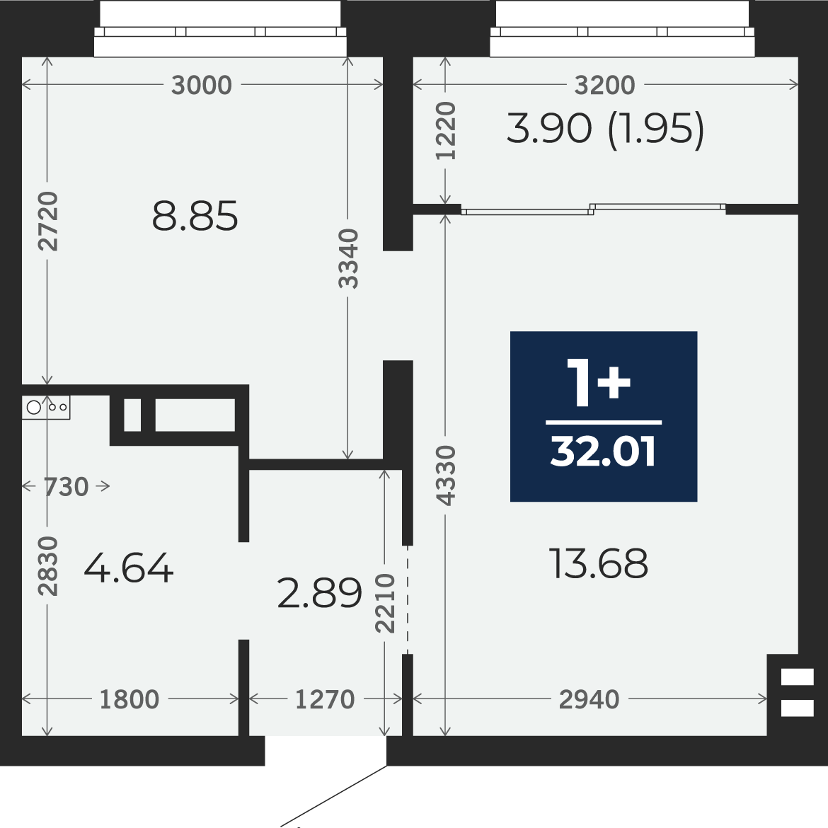 Квартира № 332, 1-комнатная, 32.01 кв. м, 16 этаж
