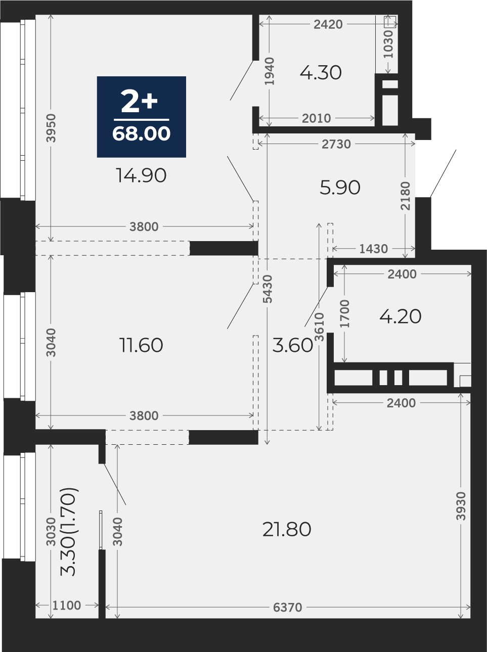 Квартира № 55, 2-комнатная, 68 кв. м, 3 этаж