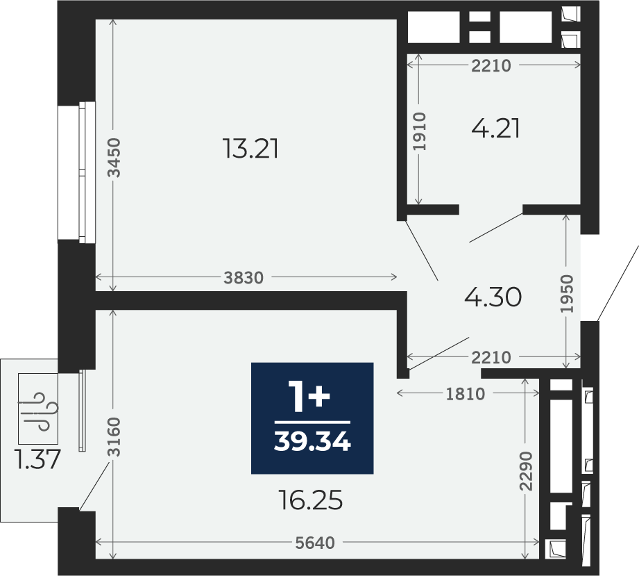 Квартира № 305, 1-комнатная, 38.38 кв. м, 2 этаж