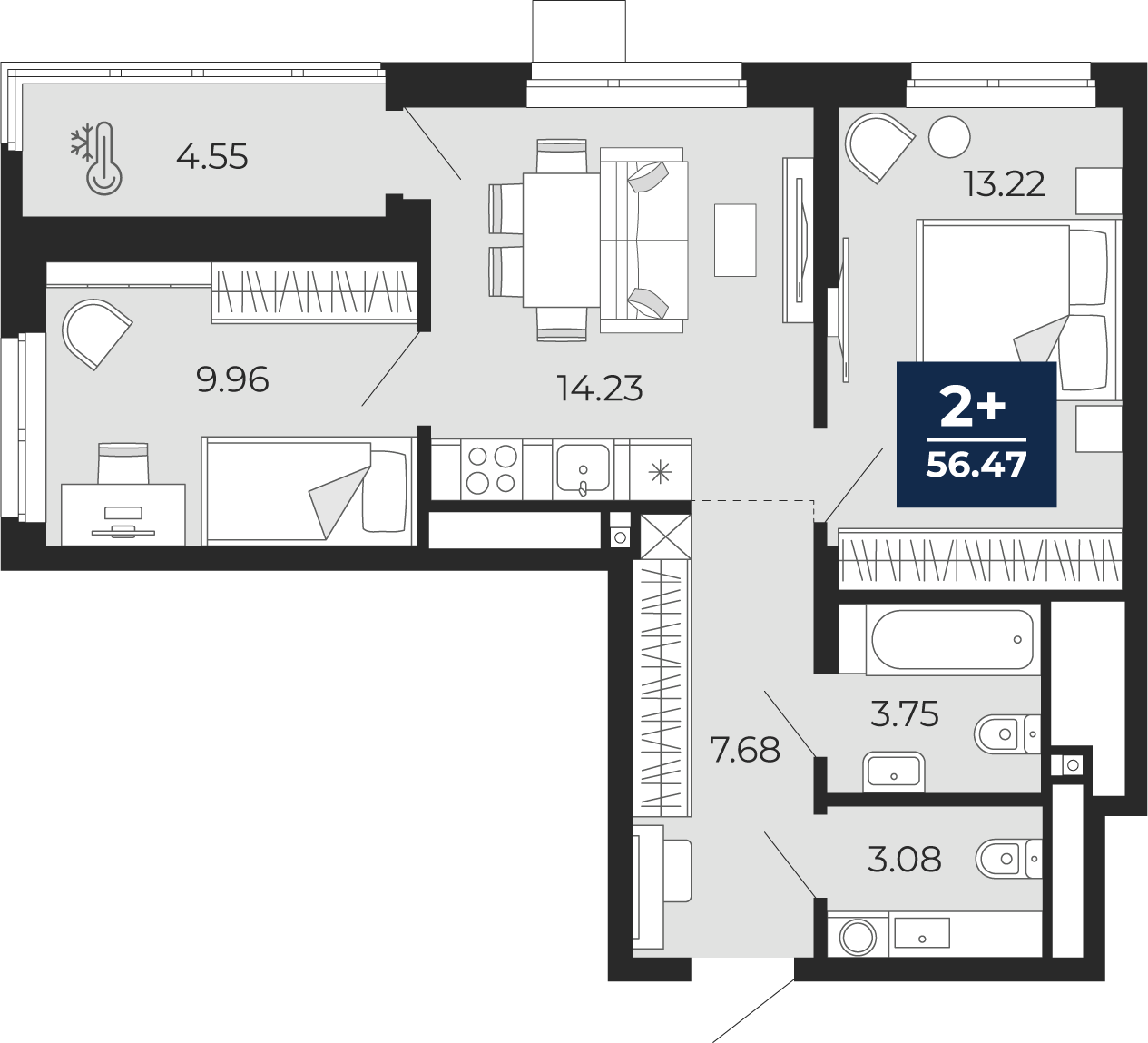 Планировка: Формат уточняется 56.5 м² в ЖК Мириады, Мыс