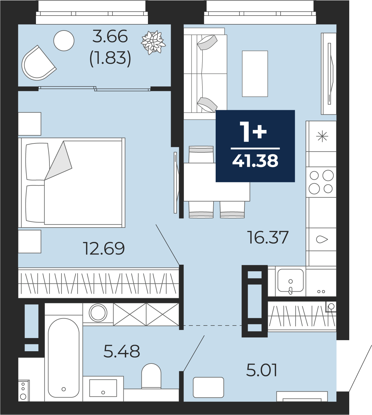 Квартира № 205, 1-комнатная, 43.21 кв. м, 9 этаж