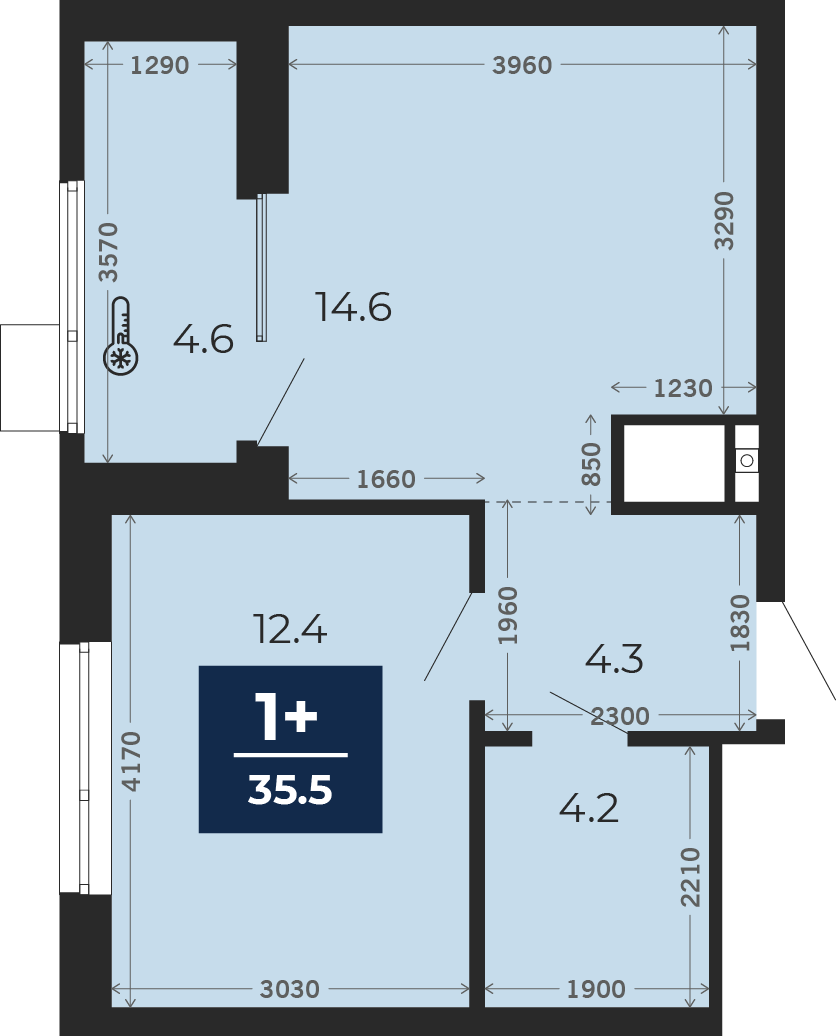 Квартира № 183, 1-комнатная, 40.7 кв. м, 24 этаж