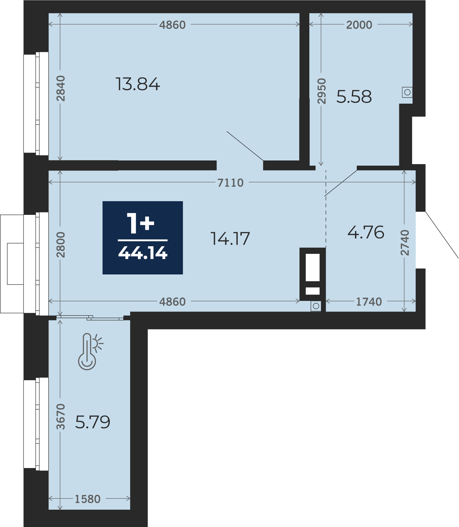 Квартира № 7, 1-комнатная, 44.14 кв. м, 2 этаж