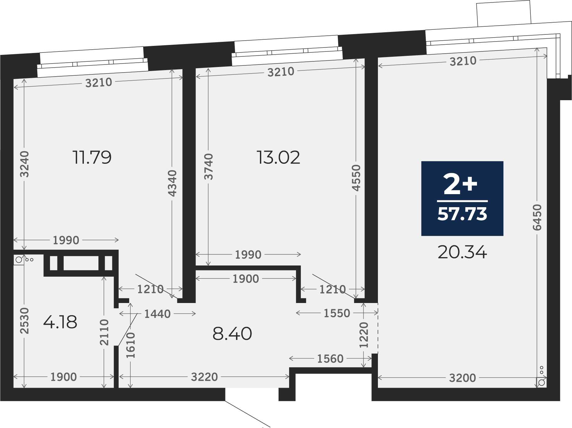 Квартира № 96, 2-комнатная, 57.73 кв. м, 13 этаж