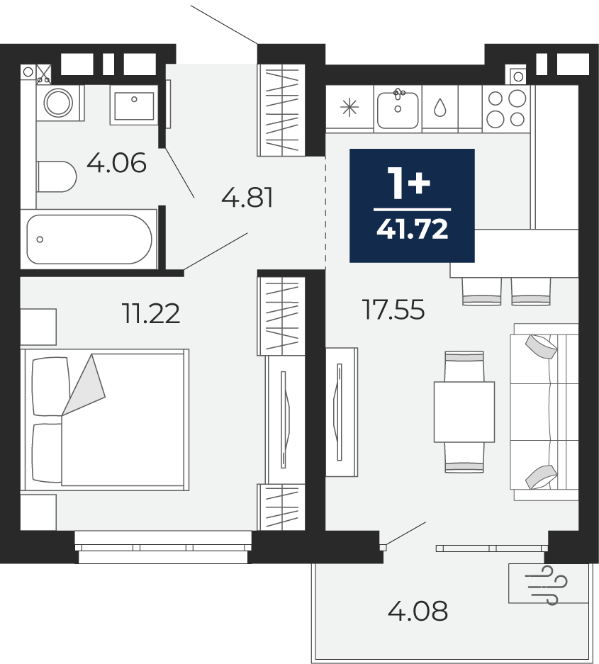 Квартира № 3, 1-комнатная, 41.72 кв. м, 2 этаж