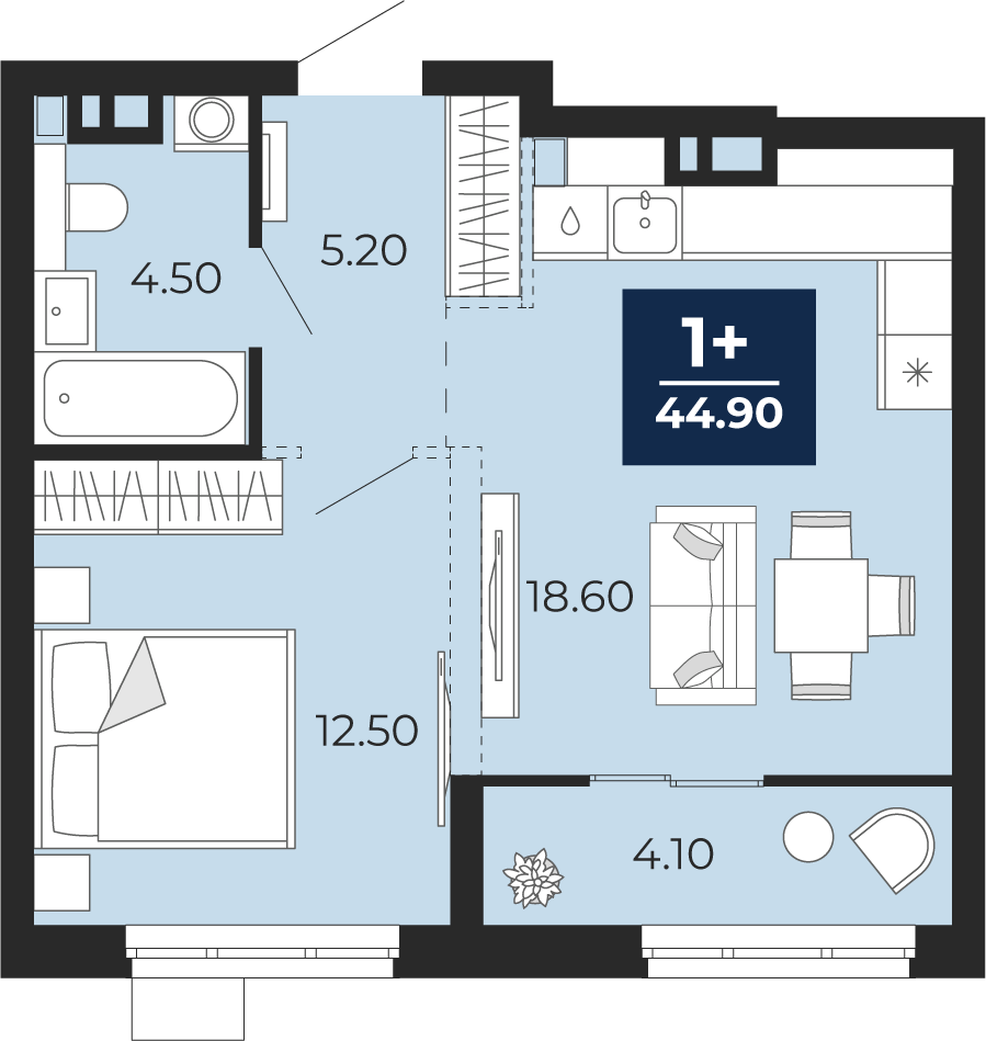 Квартира № 444, 1-комнатная, 44.9 кв. м, 3 этаж