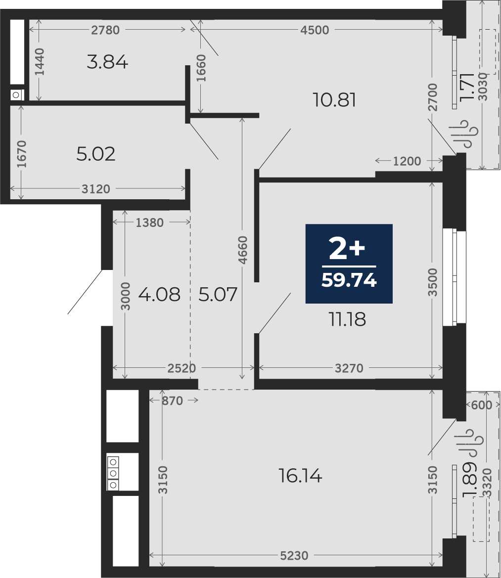 Квартира № 59, 2-комнатная, 59.74 кв. м, 13 этаж