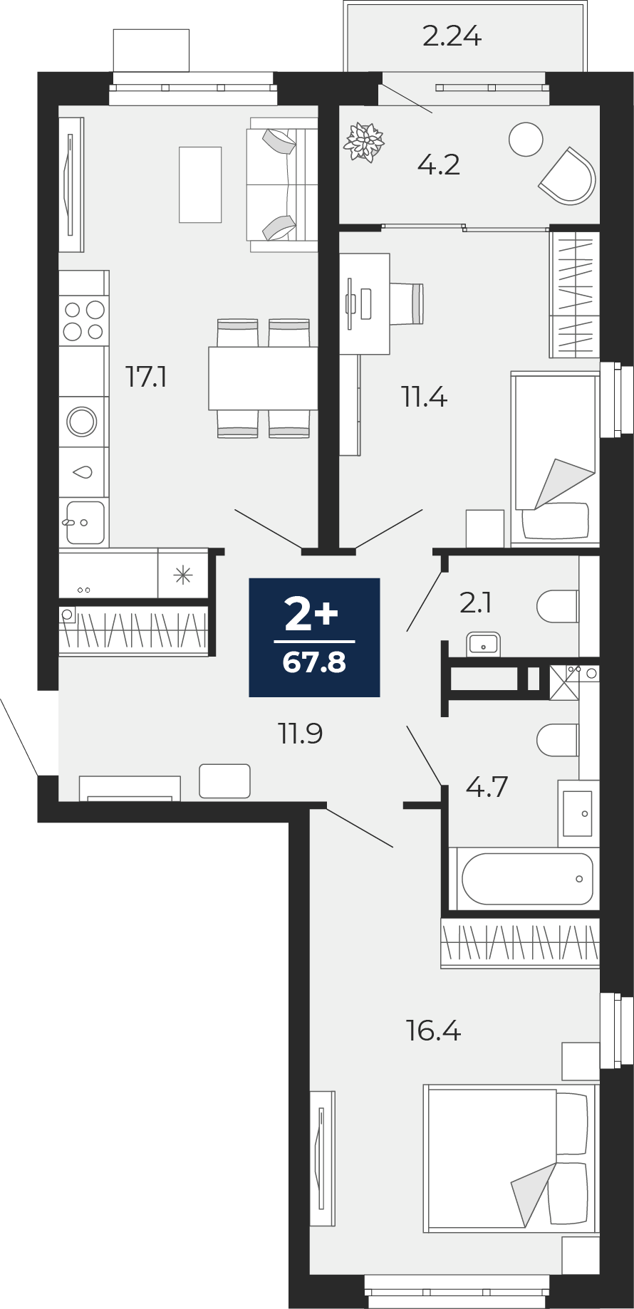Квартира № 401, 2-комнатная, 71.23 кв. м, 16 этаж