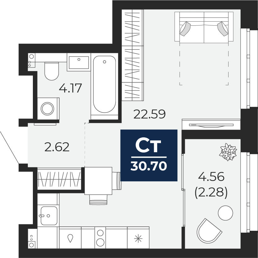 Квартира № 547, Студия, 30.7 кв. м, 21 этаж