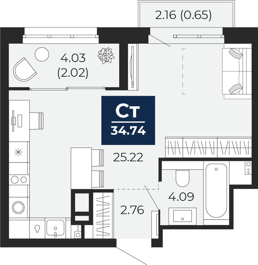 Квартира № 430, Студия, 38.26 кв. м, 12 этаж